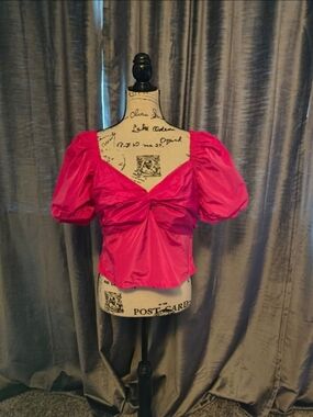 LOFT Fuchsia Puff Sleeve Ruched Crop Top